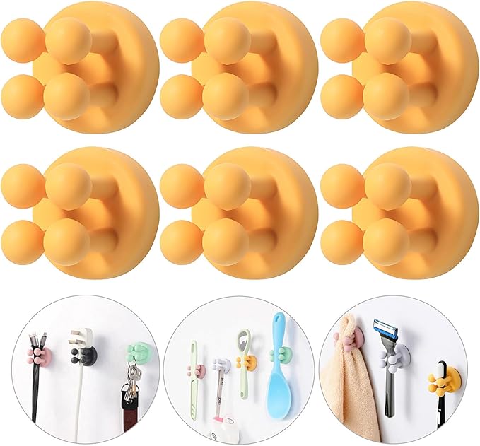 iBetterLife Silicone Toothbrush Shower Holder - 6Pcs Self Adhesive Wall Mounted Single Hook for Hanging Tooth Brushing, Functional Utility Plug Holder for Bathroom Kitchen Living Room Office, Yellow