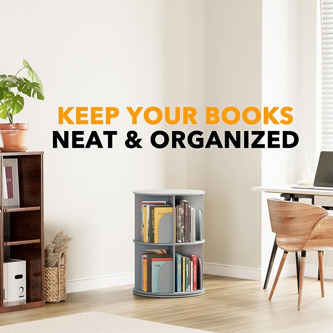 SpaceAid 2 Tier Rotating Bookshelf Tower, Spinning Bookcase Lazy Susan, Revolving 360 Book Shelf Storage Round Carousel, Vertical Rotate Turning Spiral Corner Organizer, Gray