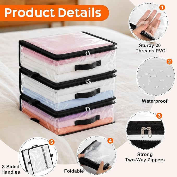 5 Pack Clear Storage Bags with Zipper Handles, Sheet Organizers and Storage | PVC Blanket Storage Bags, Foldable Under Bed Organizer for Baby Clothes Shoes Sweater Toy Bedding Sheet, 15.7x13.8x3.9’’