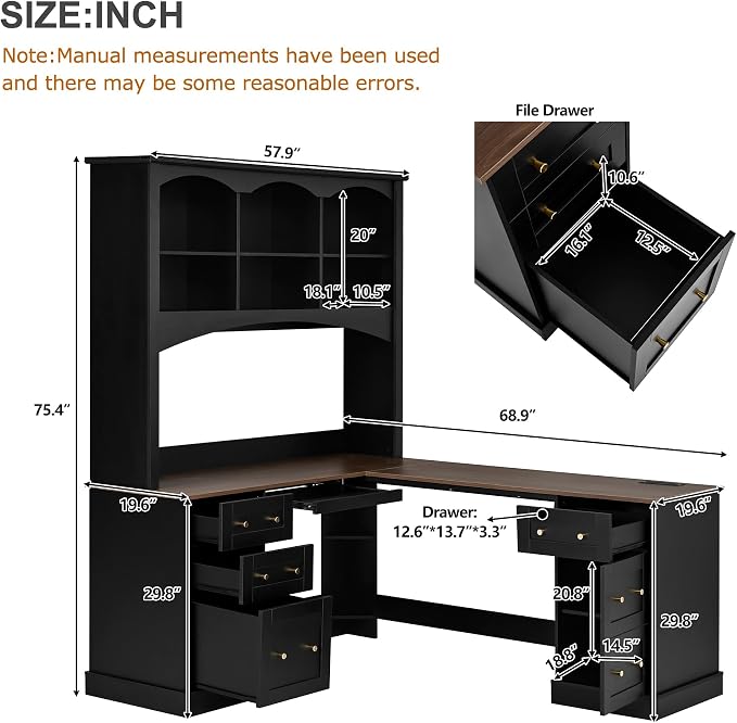 Merax L Shaped Desk Black, Corner Computer Desk with Charging Station & Keyboard Tray, Home Office Desk with File Drawers & Hutch, Space Saving Workstation for Office Study and Gaming