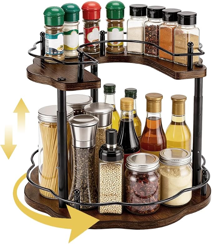 PH PandaHall 2-Tier Susan Organizer Spice Rack Adjustable Rotating Lazy Susan Organizer Flower Shape Wooden Turntable Organization for Kitchen Cabinet Pantry Seasoning Storage, 11.8x11.8x8.7 inch