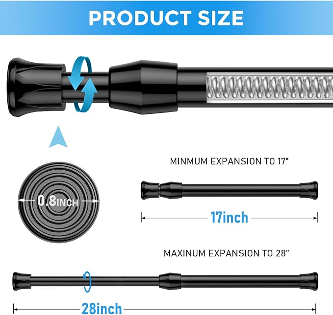 2 Pack Spring Tension Curtain Rod 17 to 28 Inch, DIY Small Curtain Rods No Drill for Window Cupboard Closet Kitchen Cabinets, Black