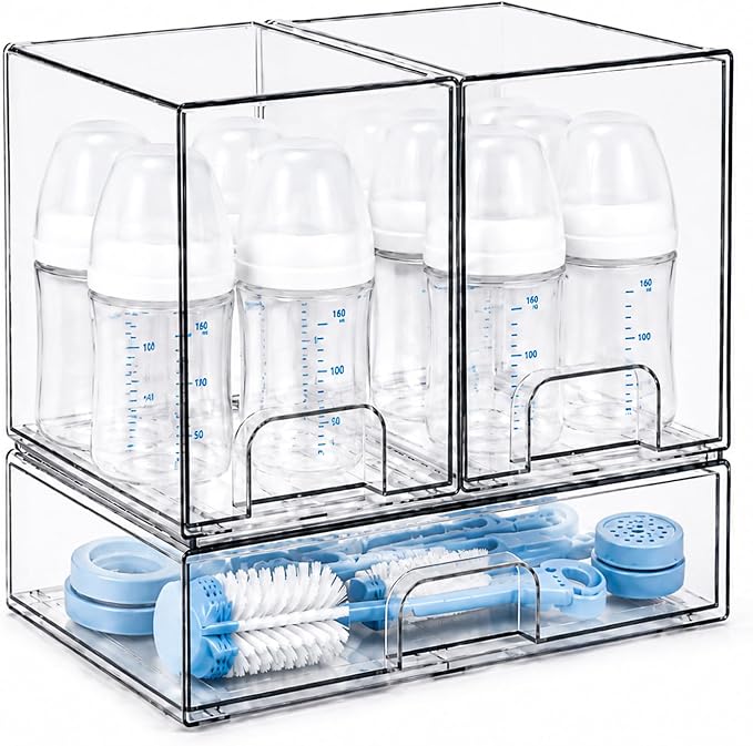 Clear Baby Bottle Organizer, 3-Piece Modular Stackable Acrylic Bins Set | BPA-Free Heavy-Duty Acrylic; Fits Breast Pump Parts, Nipples & Pacifiers; Space-Saving Nursery Cabinet & Drawer Organizer