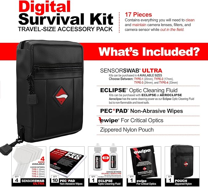 Photographic Solutions Digital Survival Kit - Type-2 (17mm) Sensor Swabs, PEC-PAD Photo Wipes, E-Wipe Packet, Eclipse Optic Cleaning Fluid - Camera Cleaning Kit with Travel Bag