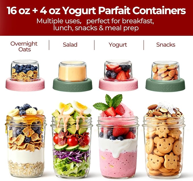 16+4 oz Glass Parfait Cups with Lids 2 Pack Yogurt To Go Containers | Dry Wet Separation, Overnight Oats Containers,Chia Pudding,Nuts, Fruit,Granola Toppings,Meal Prep Jars