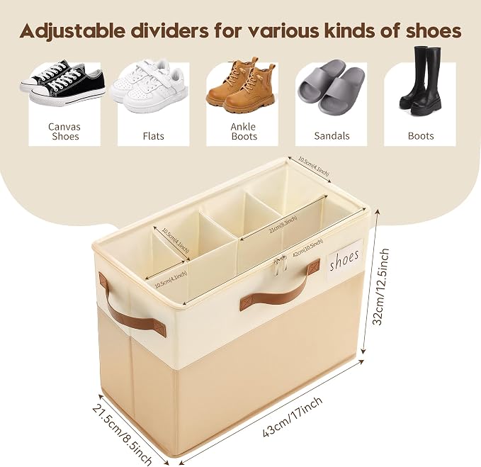 Varhomax Shoe Organizer Box for Closet, Small Fabric Shoe Storage Bin with Adjustable Dividers & Clear Cover, Saving Space Sneakers & Sandals Containers for Entryway, Cubby