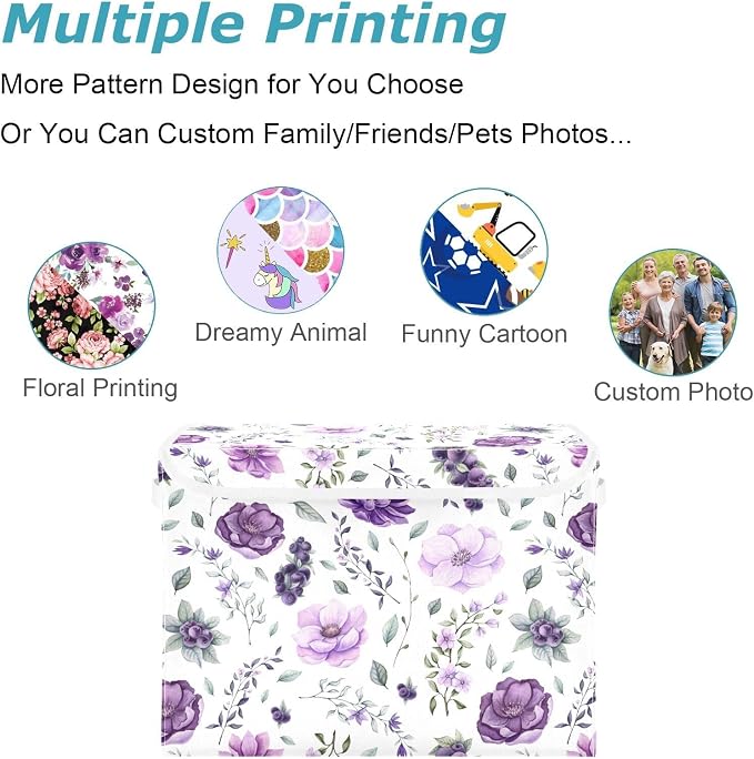 CaTaKu Large Fabric Storage Bins With Lids, Watercolor Purple Floral Storage Boxes With Handles for Organizing Clothes, Collapsible Storage Cube Bins Baskets for Shelves