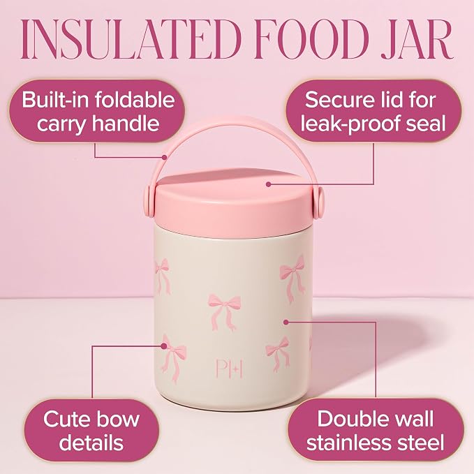 Paris Hilton Double Wall Stainless Steel Food Jar, Vacuum Insulated Leakproof Thermal Lunch Container with Printed Pink Bow Design, Keeps Food Hot or Cold for Hours, 15-Ounce, Marshmallow Dreams White