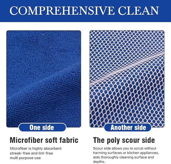 SINLAND Microfiber Dish Cloth for Washing Dishes Best Kitchen Washcloth Cleaning Cloths Poly Scour Side 12inchx12inch 5 Pack (Blue+White+Grey+Brown+Black)