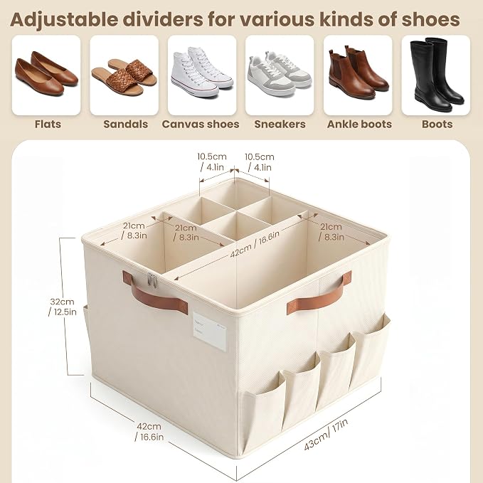 Varhomax Shoe Organizer Box for Closet, Fabric Shoe Storage Bin with Adjustable Dividers & Clear Cover, Holds up 16-32 Pairs of Sneakers & Sandals for Entryway, Cubby, Beige 2 Pack