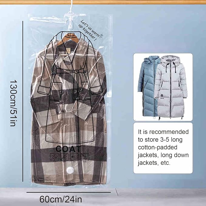 Large Garment Covers, Pack of 5, Vacuum Storage Bag with Electric Pump, Clear Compression Airtight Sealer Bags with Hanging Buckle, Hanging Clothes Storage(130cm/51in)
