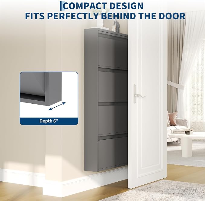 Garvee Slim Metal Shoe Cabinet with 4 Flip Drawers, Narrow Shoe Storage for Entryway, Wall Mounted or Floor Standing, Detachable Bottom Corners for Flexible Placement, Anti-Tip Safety Wall Mount
