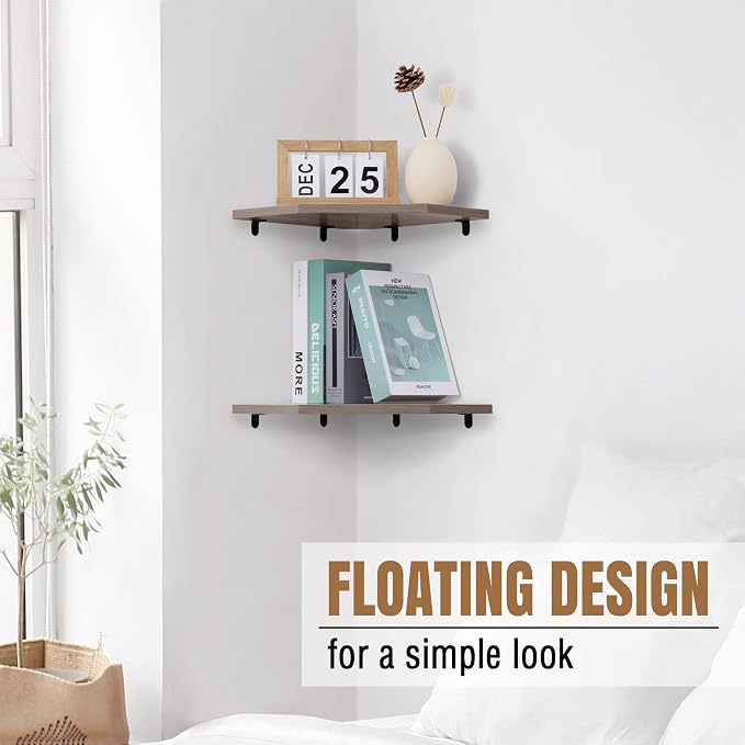 Fun Memories Corner Shelf Wall Mount, Corner Floating Shelves, Set of 4 Corner Wall Shelf Organizer, Rustic Wood Wall Storage Display Shelves for Living Room Bedroom Bathroom Kitchen, Rustic Grey
