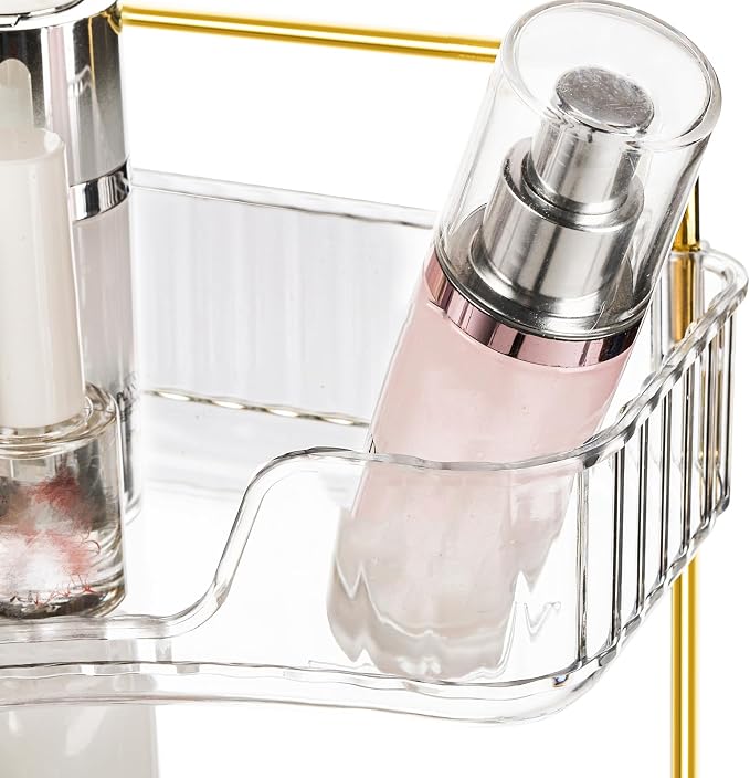 Cididu 3 Tiers Corner Bathroom Counter Organizer, Clear Countertop Shelf Storage Rack, Cosmetic Perfume Tray Standing Holder with Gold Metal Pole, Skincare Sink Organizer for Vanity Kitchen