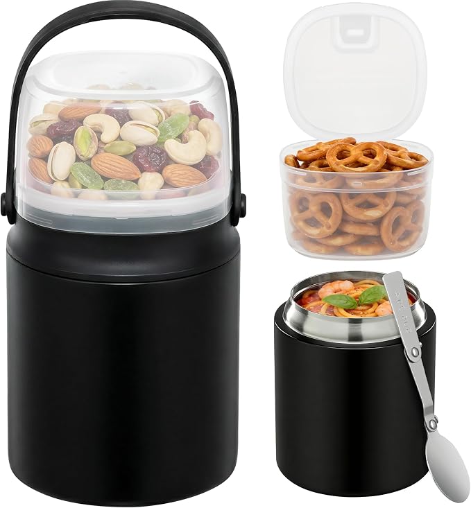 20oz Soup Thermo for Hot Food with a Snack Box Container，Leak Proof Insulated Lunch Container Kids and Adults，Stainless Steel Double Wall Vacuum Wide-mouth Food Jar with Spoon and Handle（Black）
