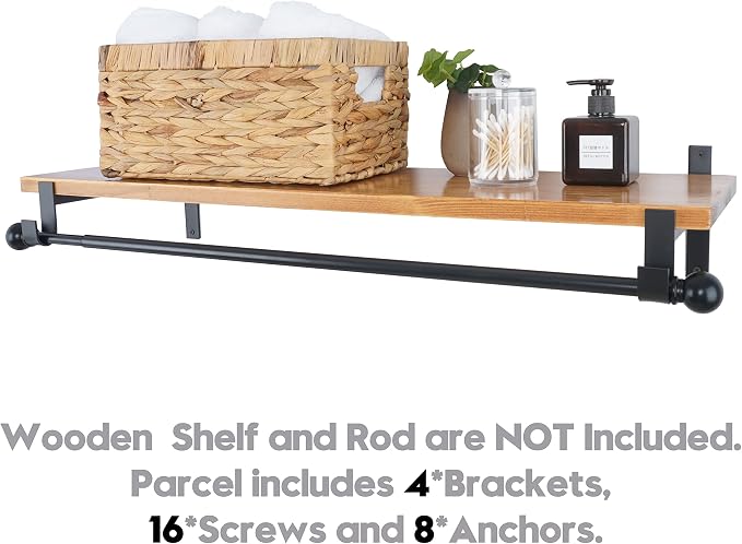 AddGrace Closet Rod Bracket Heavy Duty Shelf Brackets Black 12 Inch 4 Pack | Fit for Closet Wardrobe Laundry Room and Kitchen, with Hook, Store Above and Hang Below, Supports 66 lbs, Easy to Install