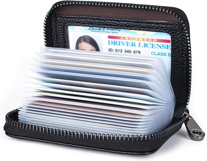 Suweibuke Genuine Leather Credit Card Holder Zipper Wallet RFID Blocking Secure Card Case ID Case Organizer (Classic-Black Leather)
