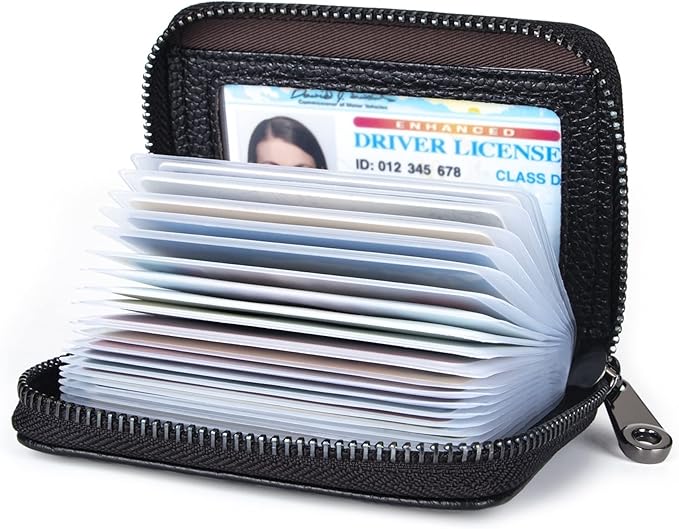 Suweibuke Genuine Leather Credit Card Holder Zipper Wallet RFID Blocking Secure Card Case ID Case Organizer (Classic-Black Pebbled Genuine Leather)