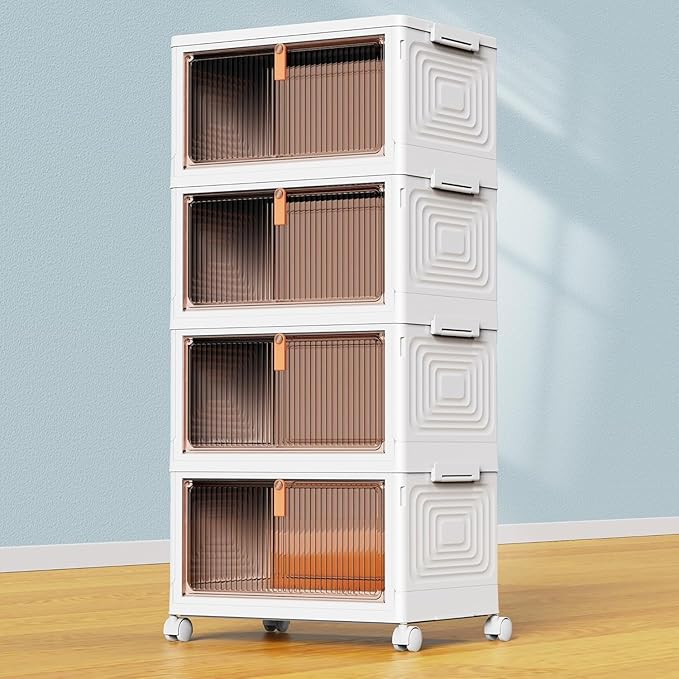 YFXCVSL 4 Tier Plastic Storage Bins with Lid 23QT, Stackable Storage Containers with Wheels, Folding Storage Boxes, Stackable Storage Bins, Closet Organizers and Storage for Living Room,Office,Dorm