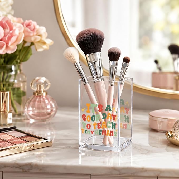 Teacher Acrylic Pen Holder Cup, Aesthetic Desk Decor, Inspirational Pencil Holder Organizer, Teacher Appreciation Gift for Women, Cute Office Desk Accessories