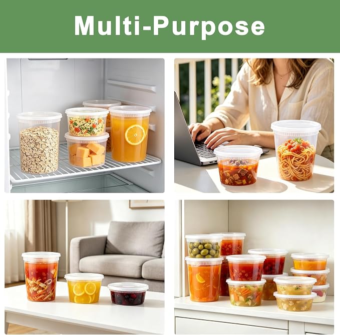Lamosi Deli Containers with Lids 48 Sets, 32/16/8 oz X 16 Set Each | BPA Free Plastic Food Containers with Lids for Soup and Takeout Meal Prep Storage, Freezer, Microwave and Dishwasher Safe