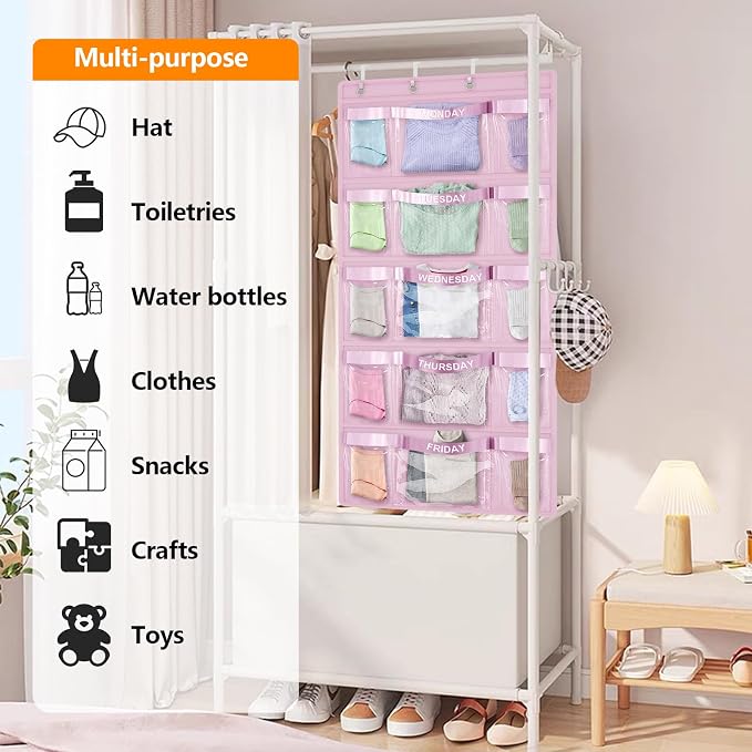 Weekly Hanging Closet Organizer for Kids,Day of Week Kids Clothes Organizer,School Clothing Storage Monday to Friday Hanging Closet Organizer Shelves for Bedroom,Bathroom,Dorm (Pink)