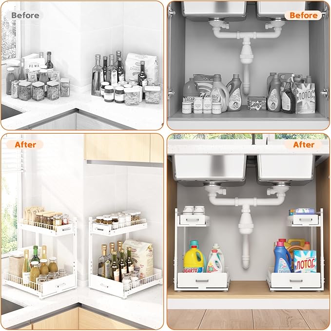 Under Sink Organizer,2 Tier Slide Out Kitchen Cabinet Organizers with Pulley,Under Bathroom Sink Pull Out Organizer with Multiple Height Adjustments for Kitchen and Bathroom Cabinets (White)