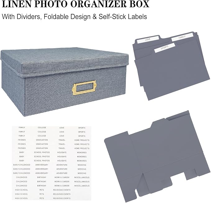 Linen Photo Storage Box – Holds 1700 Photos, Photo Organizer with Lid for Photo, Pictures, 24 Adjustable Dividers & 72 Labels Multi-Use Organizer Memory Box for Envelopes, Baby, Wedding, Cards Grey
