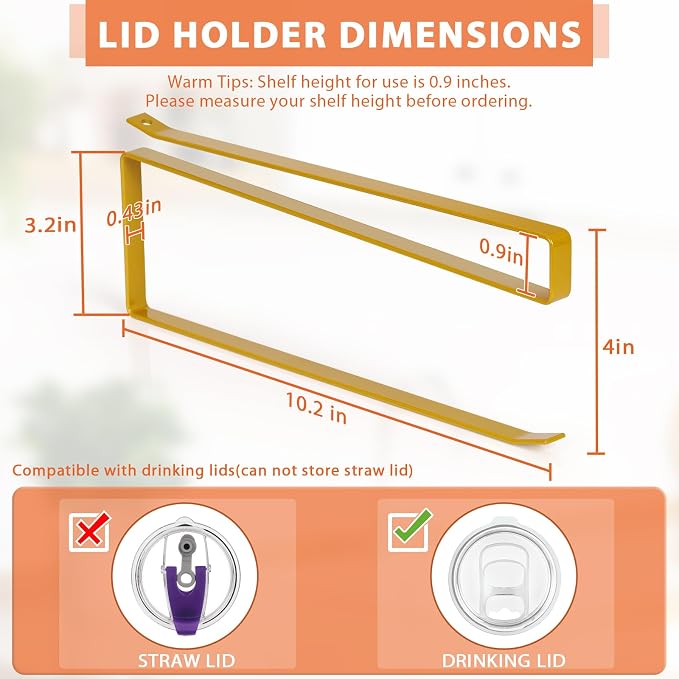 Tumbler Lid Organizer, Versatile Tumbler Lid Storage Holds 10 Lids, Gold | Space Saving Cup Lid Organizers Inside Cabinet Tumbler Lid Hook for Kitchen Organizer and Storage, Paper Towel Rack Hanger