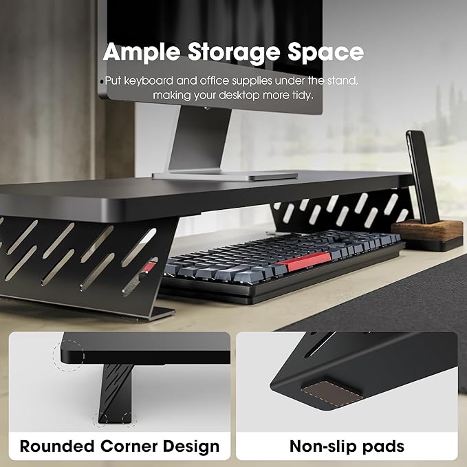 Fenge Monitor Stand Riser, 31.5 Inch Desk Top Shelf for 2 Monitors, Computer Stands for Desk, Wood & Steel Desktop Riser for Laptop, PC, Printer