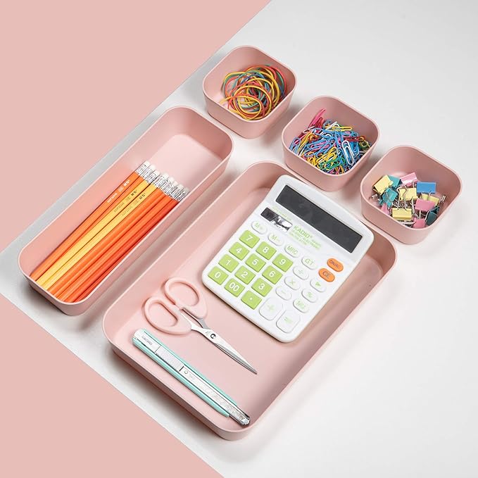 Backerysupply Set Of 12 Pink Color Plastic Desk Drawer Organizers For Makeup Bathroom Office Kitchen Vanity Drawer Storage Box Container