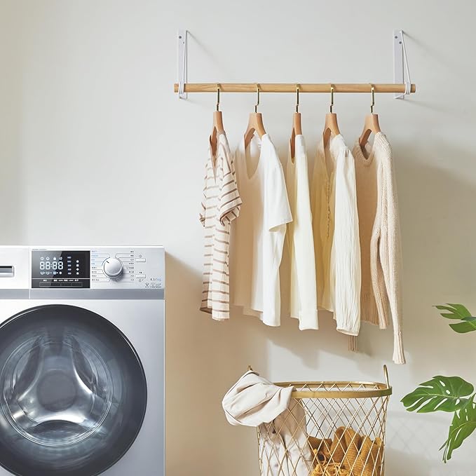IBUYKE Wall Mounted Clothes Rack Set of 2, Wood Wall Mounted Clothes Rail, Space-Saving Hanging Closet Rod, Modern Wardrobe Coat Rack for Entrance, Wall, Door, Bathroom, Bedroom, White TYJ005W-2