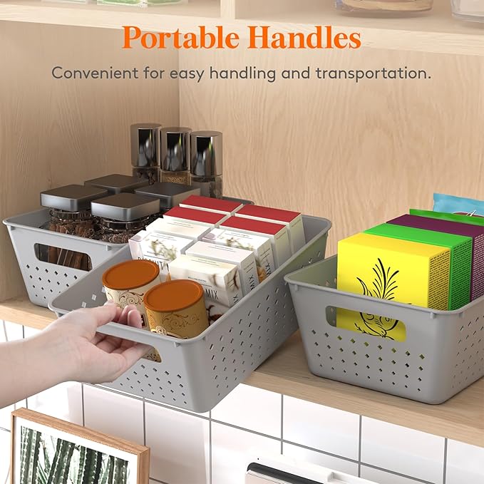 Lifewit Plastic Storage Basket for Organizing, 6 Pack Stackable Open Containers, Multi Size Storage Bins for Shelving, Pantry, Office and Cabinet, 4 Large and 2 Small Size, Gray