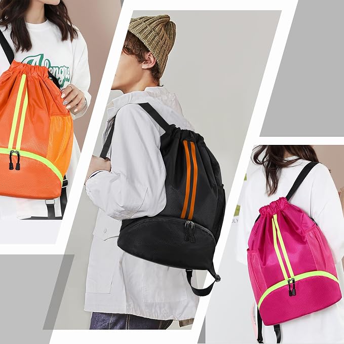 Hoedia Sports Drawstring Backpack - Swim Gym Bag for Women and Men | String Bag with Shoes Compartment and Wet Proof Pocket, Adjustable Wider Shoulder Strap, For Soccer, Basketabll, Volleyball