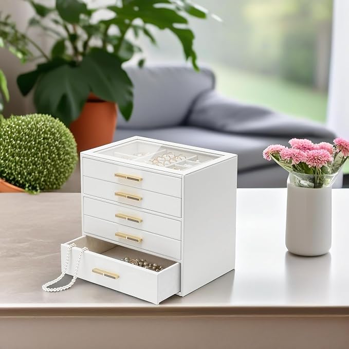 VLANDO 5-Drawer Jewelry Box with Glass Lid, Faux Leather Organizer for Rings Earrings Necklaces and More, Gift-Ready Jewelry Case for Women Girls or Moms, White
