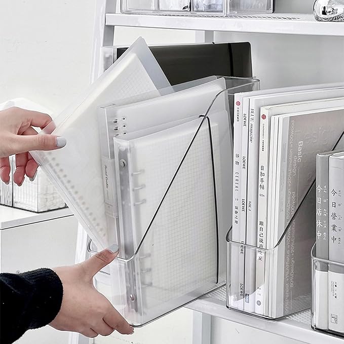 4-Pack Acrylic Vertical Magazine Holder & Book Organizer Clear Desktop File Storage Rack for Office/Home, Includes 3 Silicone Bookmarks (Space-Saving Design)