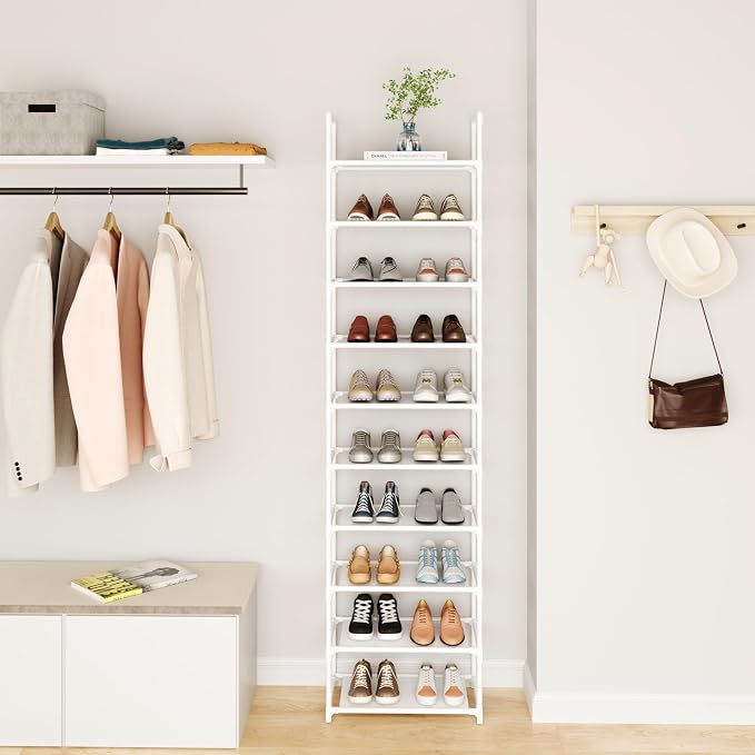 10-Tier Tall Shoe Rack for Closet, Entryway, Adjustable Sturdy Durable Shoe Shelf,Narrow Shoe Stand Organizer (17.2" W×10" D×72.8" H,White)