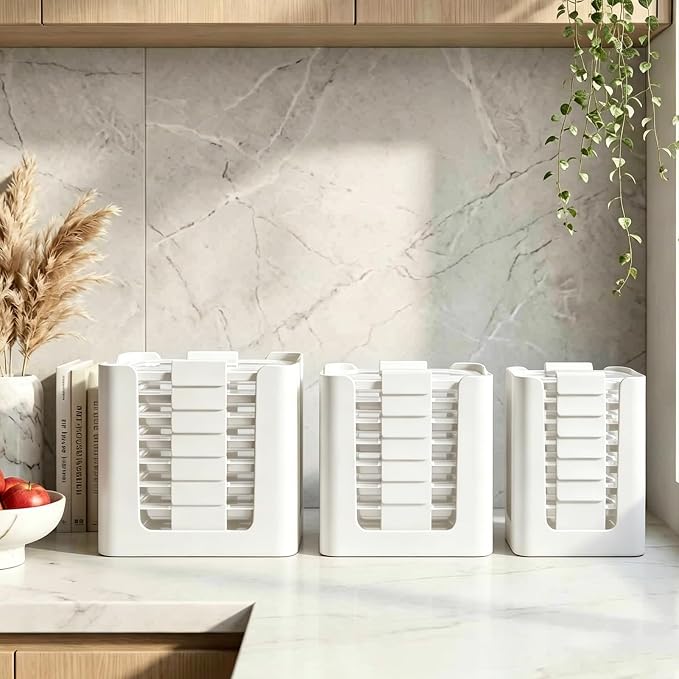 Stackable Food Container Lid Organizer, for Rubbermaid Brilliance Snap-on Lids, 3-Piece Kitchen Cabinet Storage Holds 24 Lids,White