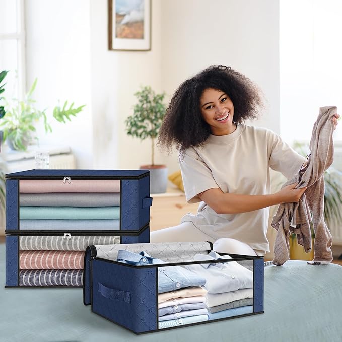 HomeHacks Storage 4-Pack Clothes Organizer Storage Bags Foldable Storage Box with Large Clear Window Sturdy Handles for Closet, Dorm, Pillows, Bedding, Clothes, Blankets, 35L, Blue