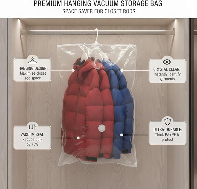 Hanging Vacuum Storage Bags for Closet, Clear Compression Garment Covers for Coats & Suits, Space Saving Organizer (1 Pack)