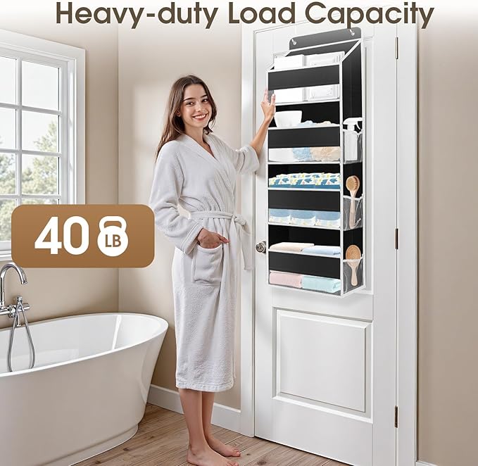 SpaceHacks 2 Pack Over The Door Organizer, Hanging Storage Organizer with Clear Window, 40lb Ultra Sturdy Large Capacity Room Organizer for Pantry Laundry Bathroom Nursery Closet (Black)