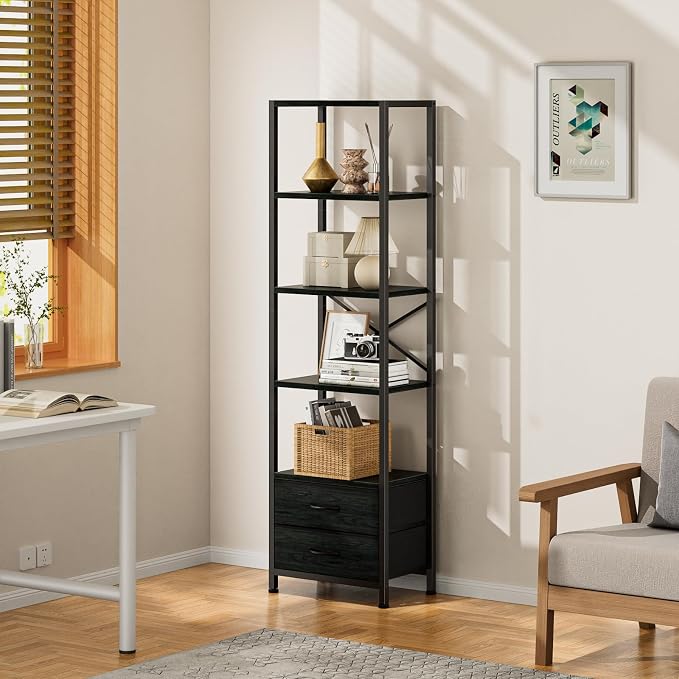 Furnulem 5-Tier Tall Corner Shelf, Narrow Bookshelf with Drawers | 65.16" H Black Bookcase,Fabric Bins and Metal Frame,Wood Display Shelf for Bedroom,Living Room,Home Office. Easy to Assemble