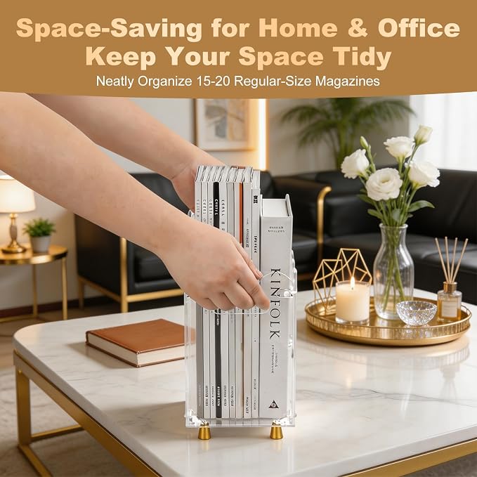 Clear Acrylic Magazine Holder with Handle and Detachable Pen Holder | Wave-Edge Floor Magazine Rack with Replaceable Anti-Slip Gold Feet for Home, Office, Bathroom, or Living Room Storage