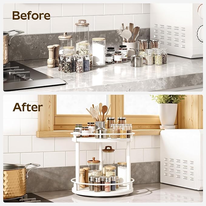 YATINEY Spice Rack, Set of 2 Lazy Susan Organizer, 2-Tier Turntable Organizer For Cabinet, Compact and Versatile, for Kitchen Countertop, White SR22L2WW