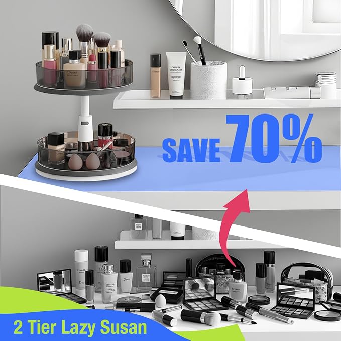 Lazy Susan Organizer for Medicine 2 Tier Pill Bottle Turntable | Clear Grey, 11 Inch, for Vitamin, for Cabinet, for Pantry, with Large Spice Rack
