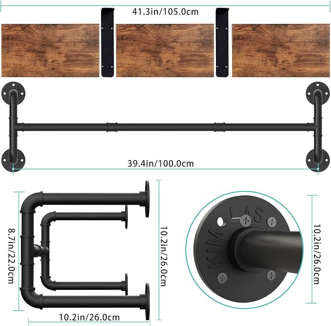 Yawinhe Industrial Pipe Clothing Rack with Shelves,Closet Rod,Rustic Brown | Heavy Duty Detachable Multi Purpose Hanging Rod ;Wall Mounted Rod;Clothing Garment Rail for Homes;Saving Space Clothes Bar