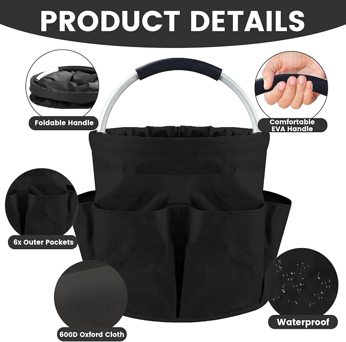 Cleaning Caddy with Handle and 6 Pockets, 17L Cleaning Supplies Organizer, 600D Oxford Fabric Storage Basket, Multifunctional Bucket Bag for Picnics, Camping, Gardening, Bathing (Black)