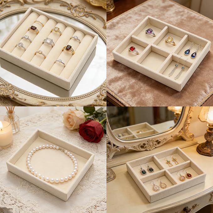 Small Jewelry Tray Set 4 Pcs Beige Velvet Stackable Jewelry Organizer Tray Mini Jewelry Drawer Organizer for Necklace Ring Earrings Jewelry (4 Styles)
