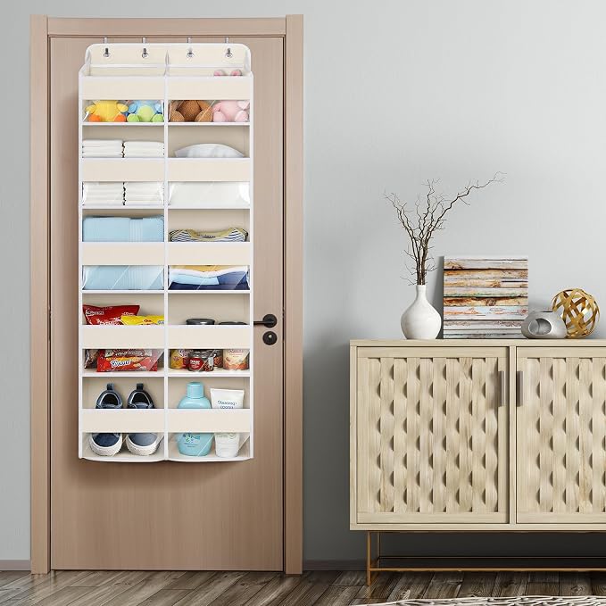 KEEGH 5 Tiers Over the Door Organizer, Large Hanging Door Organizer, Beige | Easy Installation, 10 Mesh Side Pockets, 10 Compartments, Door Organizer Hanging for Bedroom, Nursery, Bathroom and Pantry