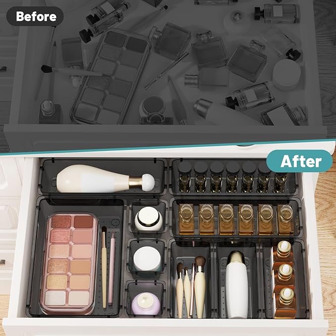 WOWBOX 8 PCS Clear Plastic Drawer Organizer Set, 4 Sizes Desk Drawer Organization and Storage Containers for Makeup, Cosmetics, Jewelry and Gadgets in Kitchen, Bathroom, Bedroom, Office, Clear Black